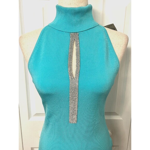 Cache NWT $98 Embellished Sweater Sleeveless Turtleneck Size M Keyhole Turquoise - Picture 2 of 11